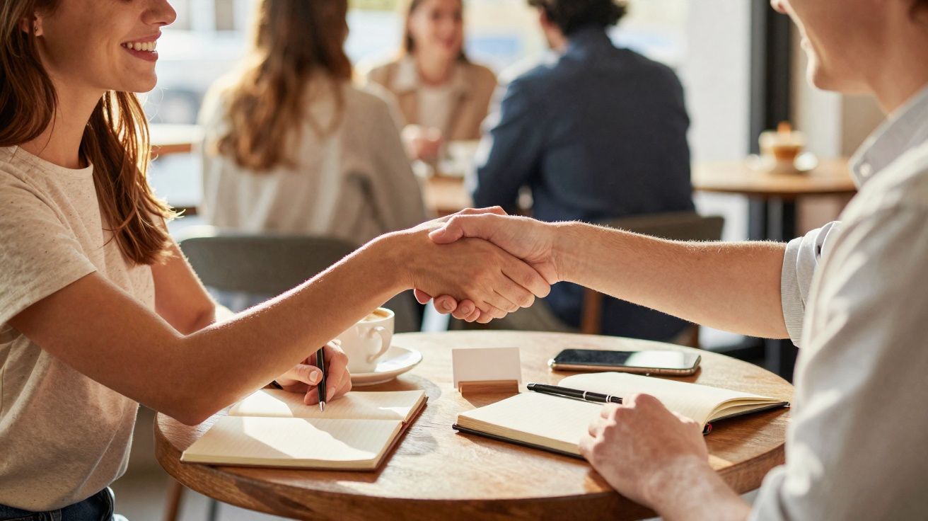 Duas pessoas a cumprimentar-se com aperto de mão numa mesa com cadernos e café num ambiente de café.