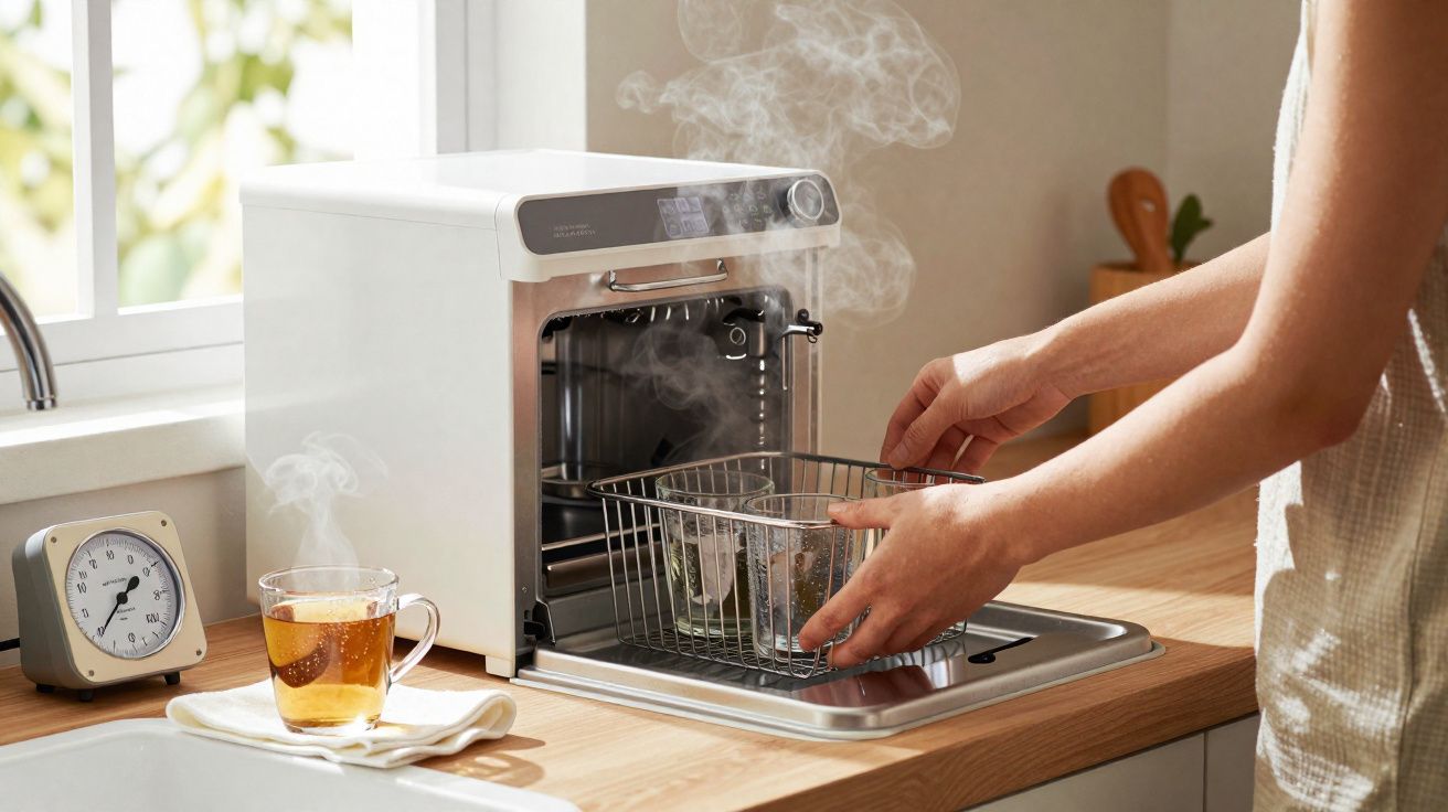 Pessoa a retirar cesta fumegante de máquina de cozinha branca sobre bancada de madeira junto a chá quente.