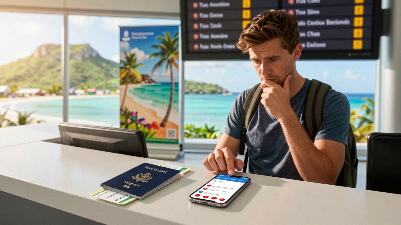 Homem a consultar telemóvel enquanto espera no balcão de informações num aeroporto, com passaporte e bilhetes.