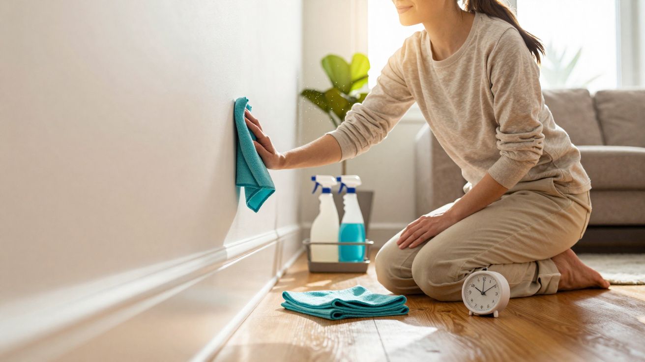 Mulher de joelhos a limpar a parede de uma sala com um pano azul num ambiente iluminado e arrumado.