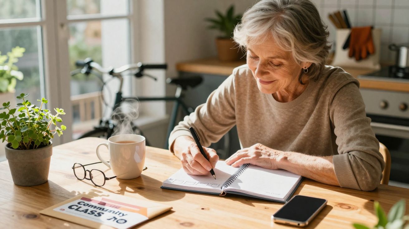 Mulher idosa sorridente a escrever num caderno numa mesa com uma chávena, óculos, telemóvel e planta.