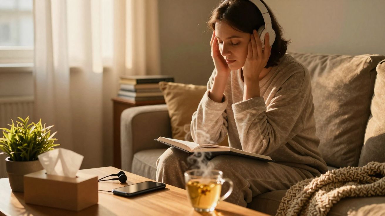 Mulher de pijama sentada no sofá, a ouvir música com auscultadores e a ler um livro numa sala acolhedora.