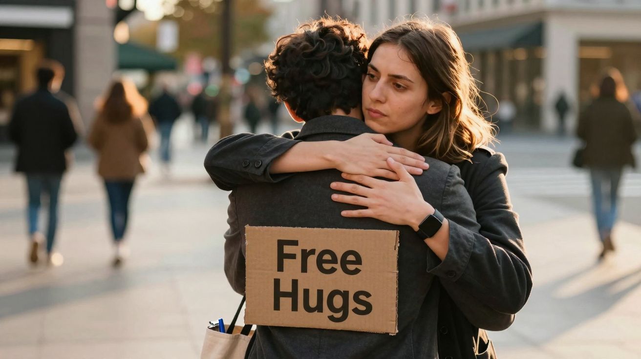 Duas pessoas abraçadas na rua, com uma delas a usar um cartaz que diz "Free Hugs".