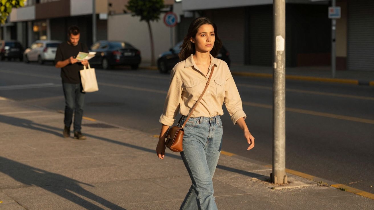 Mulher jovem a caminhar na calçada de rua urbana ao pôr do sol com homem ao fundo a ler livro.