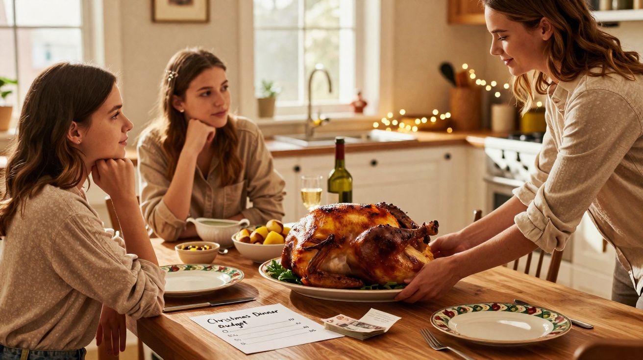 Três mulheres numa cozinha acolhedora preparando um jantar de Natal com um peru assado na mesa.