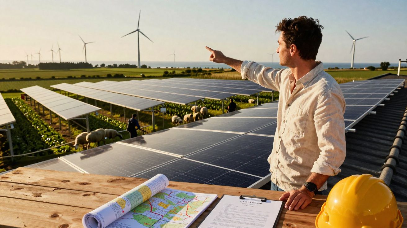 Homem aponta para moinhos de vento numa fazenda com painéis solares e ovelhas ao pôr do sol.