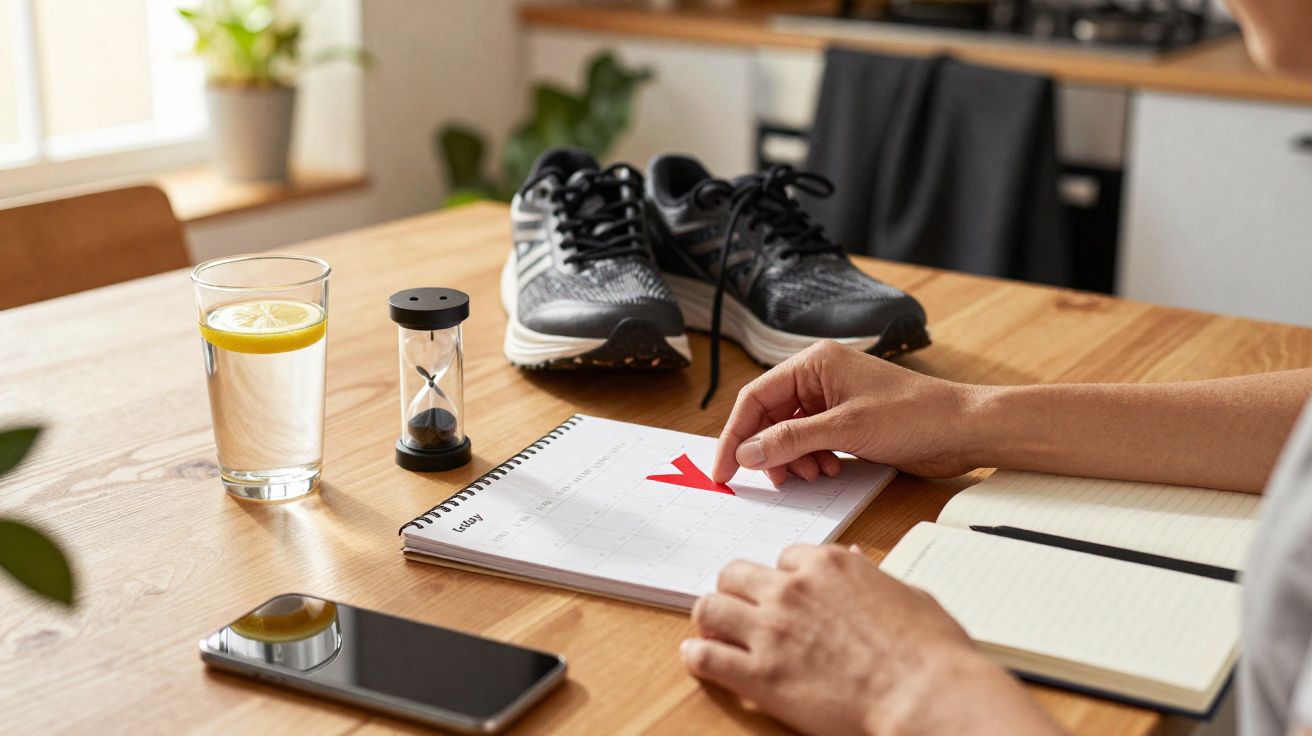 Pessoa a marcar data num calendário, com ténis de corrida, ampulheta, água com limão e telemóvel na mesa.