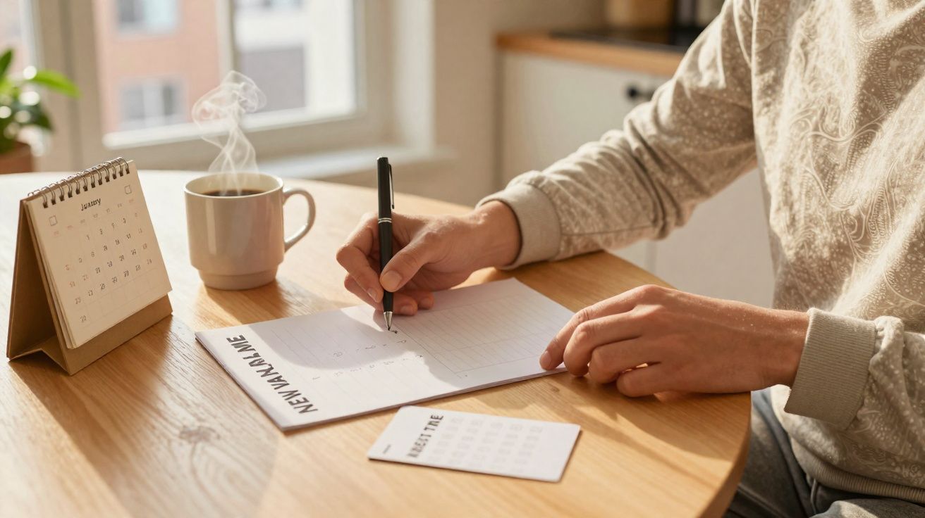 Pessoa a escrever resoluções de Ano Novo numa folha, com calendário e chá quente na mesa.