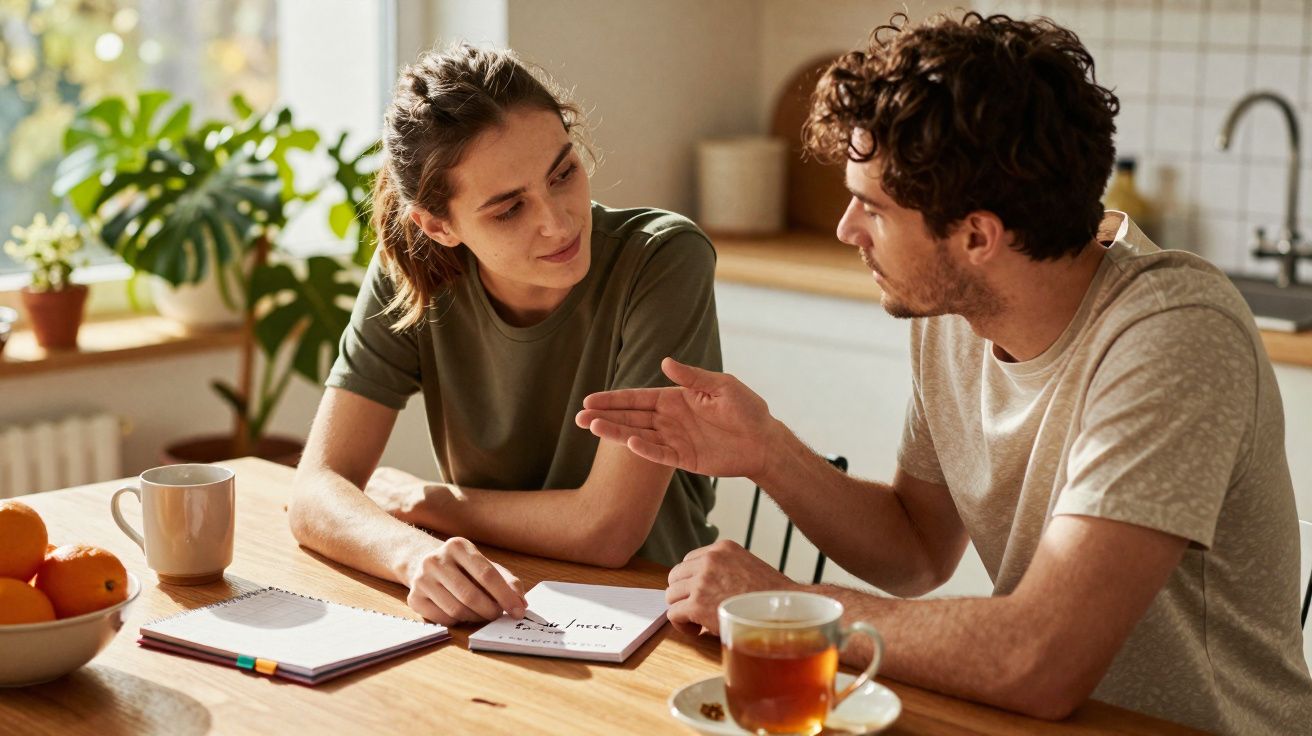 Casal sentado à mesa da cozinha a conversar e fazer planos com cadernos e chá num ambiente iluminado.