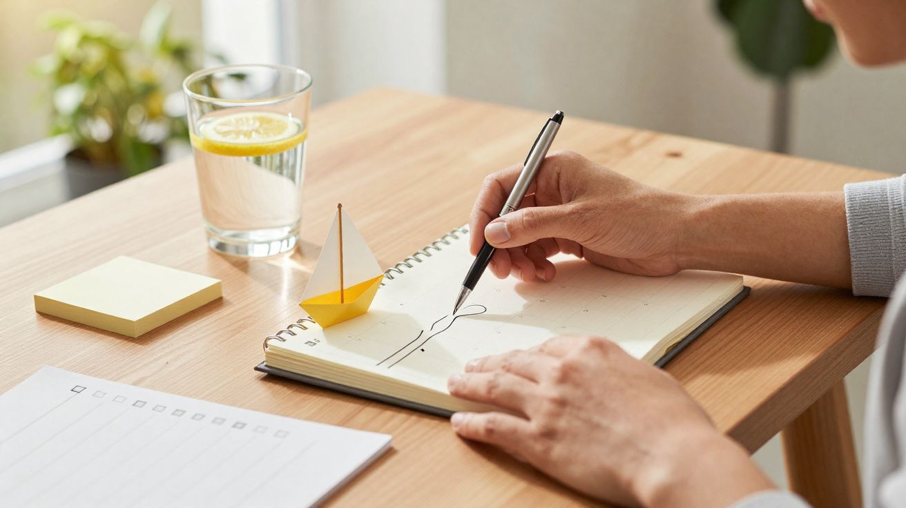 Pessoa a desenhar numa agenda num escritório com um copo de água, bloco de notas e barco de papel amarelo em cima da mesa.