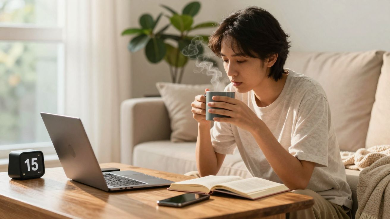 Pessoa sentada num sofá a beber uma bebida quente enquanto trabalha num computador portátil e lê um livro num ambiente ilumin