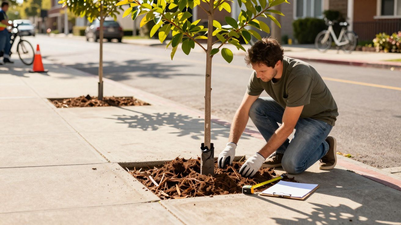 Homem a plantar uma árvore jovem numa calçada urbana, rodeado de terra e folhas secas.
