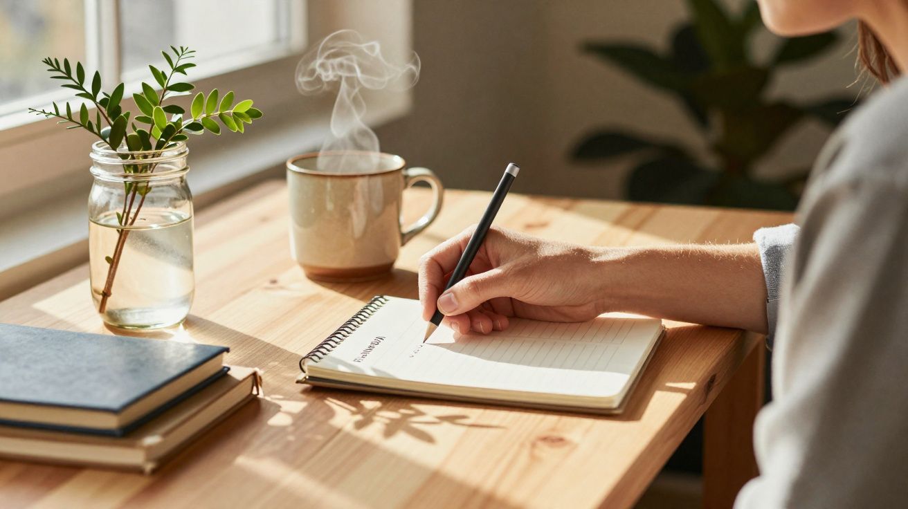 Pessoa a escrever num caderno numa mesa de madeira, com chá quente e vaso com ramo junto à janela iluminada.