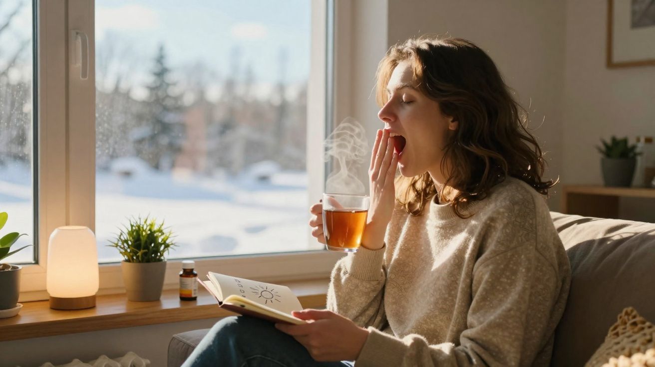 Mulher a bocejar enquanto segura chá quente e lê livro junto a uma janela com vista para paisagem nevada.