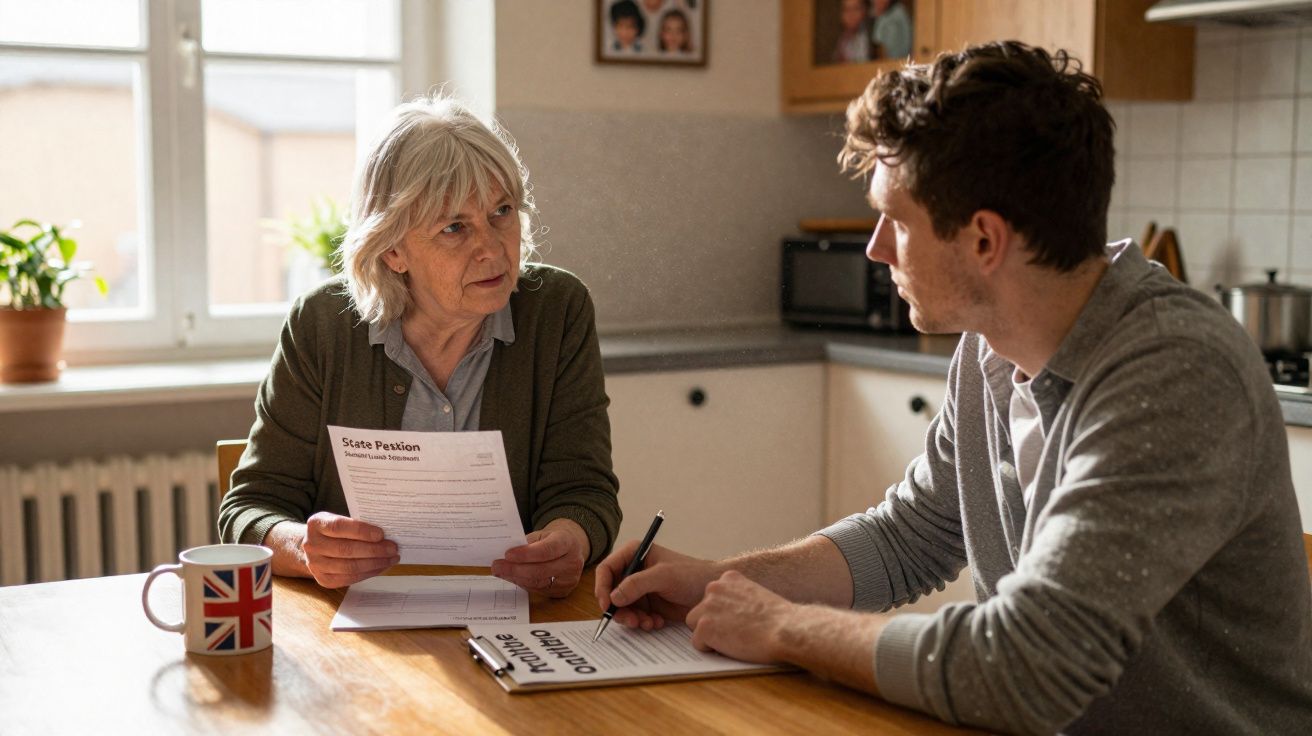 Mulher idosa e homem conversam sentados à mesa, com documentos e caneta, num ambiente de cozinha iluminado.