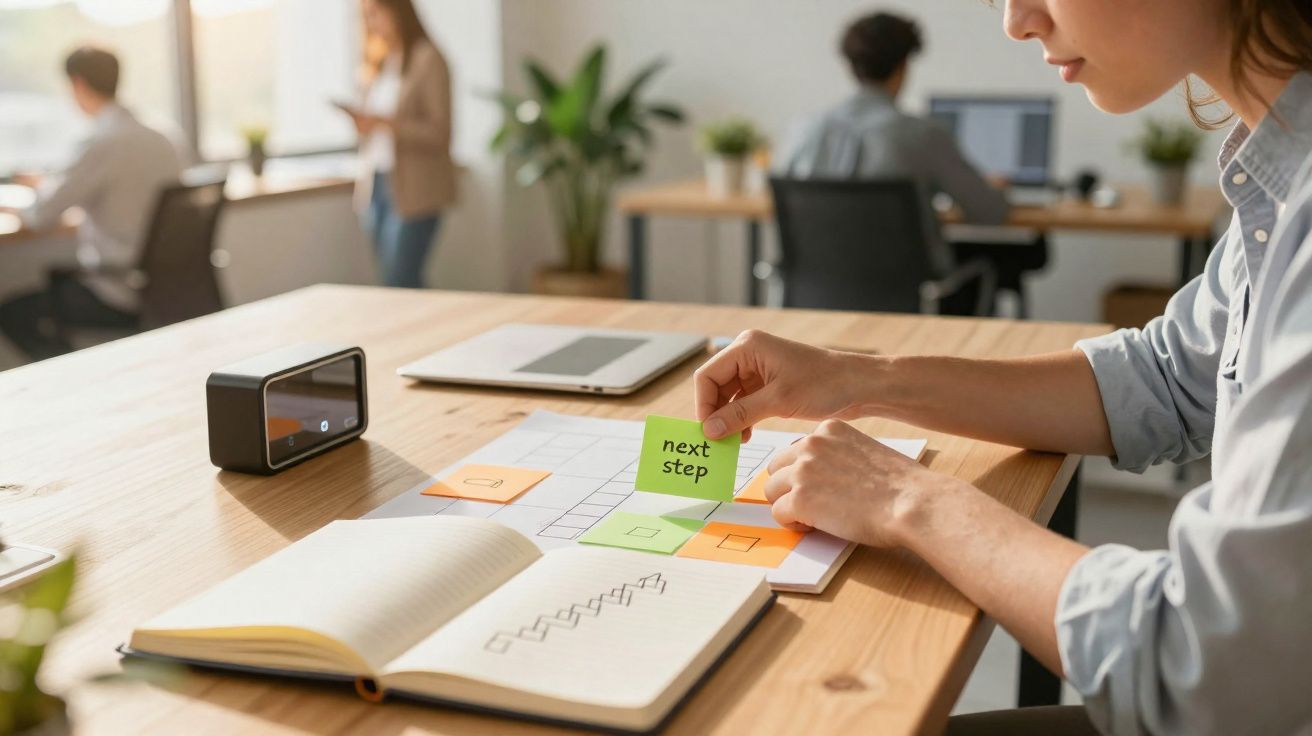 Pessoa a organizar notas coloridas num plano de trabalho num escritório moderno com colegas ao fundo.