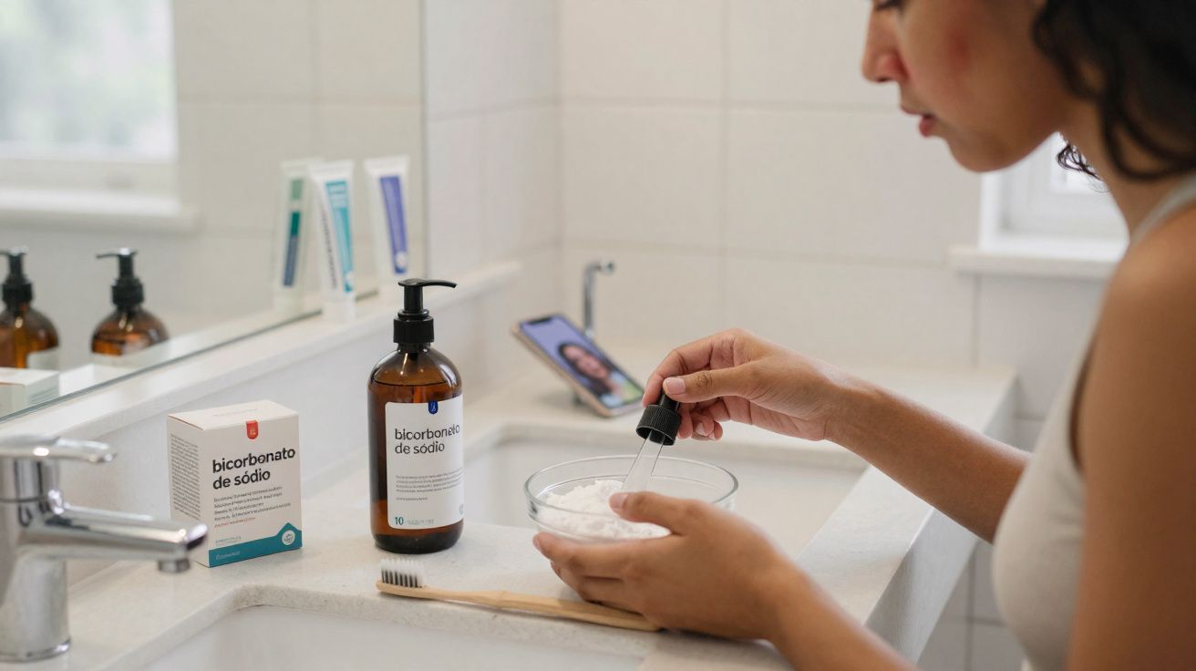 Mulher a preparar solução de bicarbonato de sódio num lava-louças com escova de dentes e telemóvel na bancada.