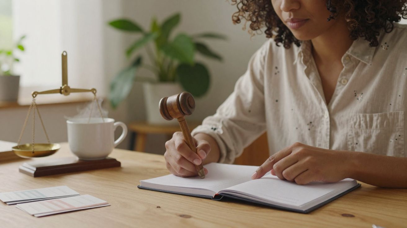 Pessoa a segurar malhete ao lado de balança de justiça e caderno aberto numa mesa de madeira.