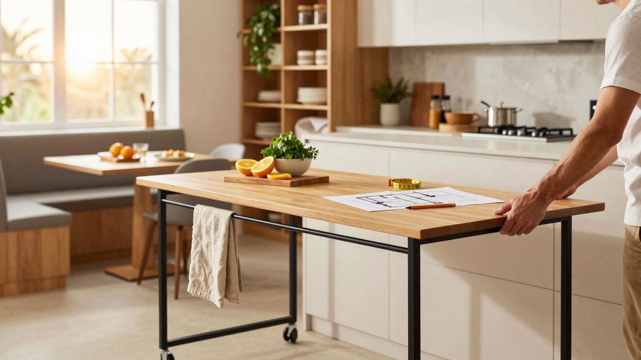 Mão a mover uma mesa de madeira com roda numa cozinha moderna e luminosa, com frutas e plantas na mesa.