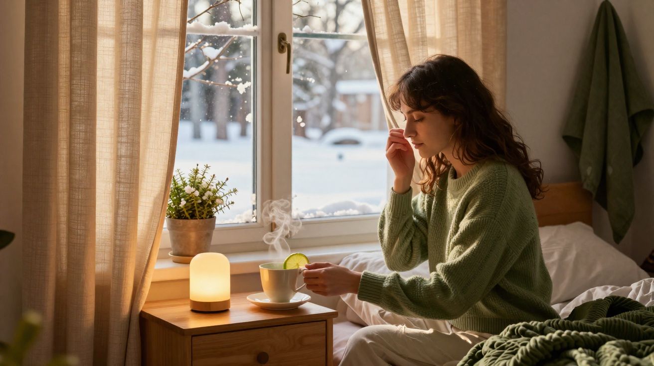 Mulher sentada na cama junto à janela com chá quente, luz suave e cenário de neve lá fora.
