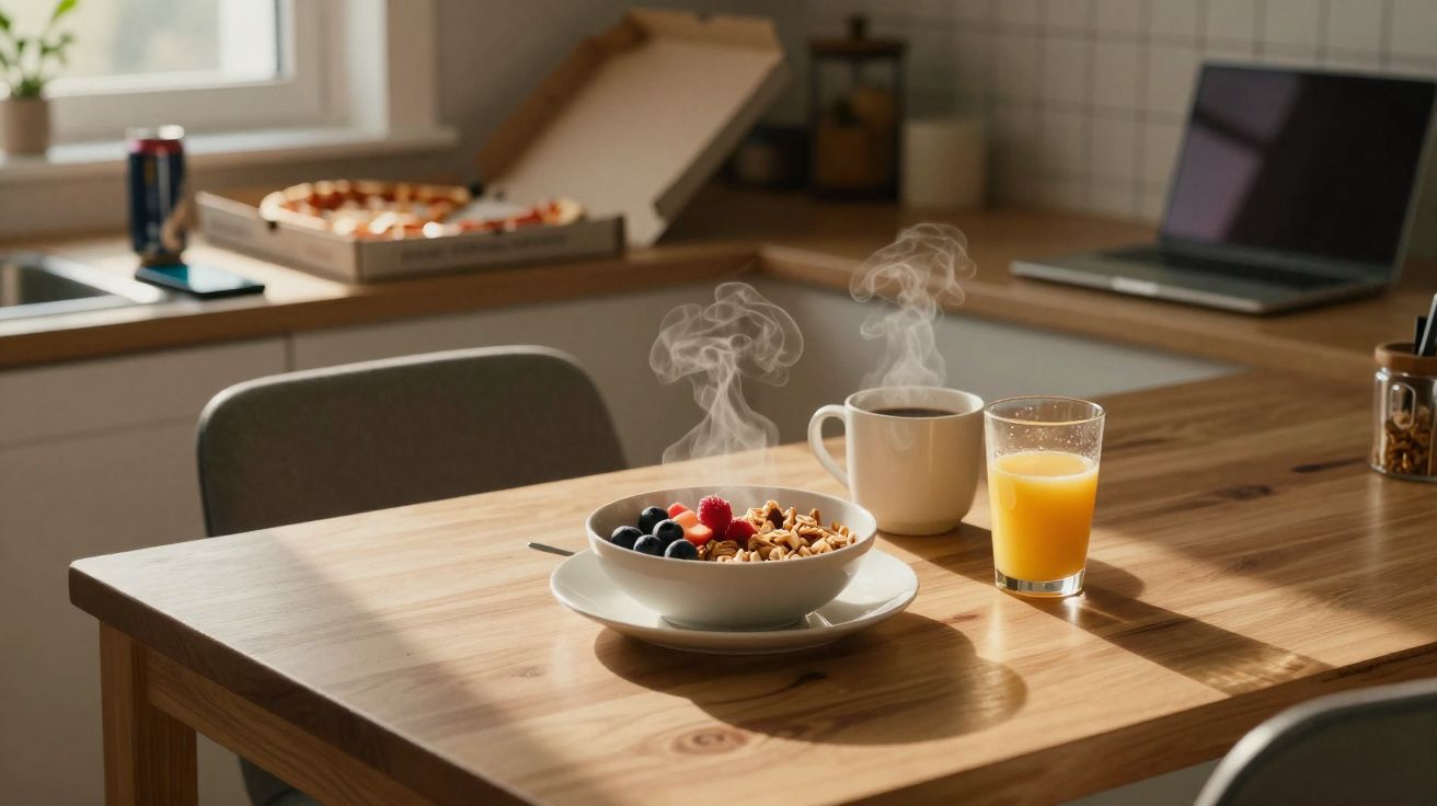 Café da manhã com iogurte, frutas, café quente, sumo de laranja e pizza ao fundo numa cozinha iluminada.