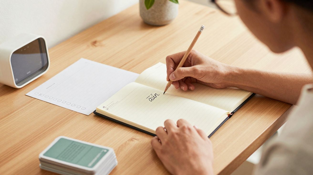 Pessoa a escrever a palavra "aún" numa agenda aberta numa secretária de madeira clara.