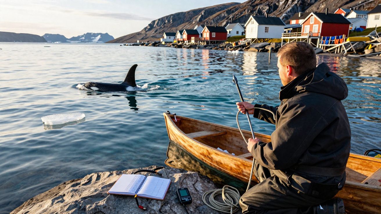 Homem numa canoa junto a costa rochosa observa uma orca nadando perto de casas coloridas na água.