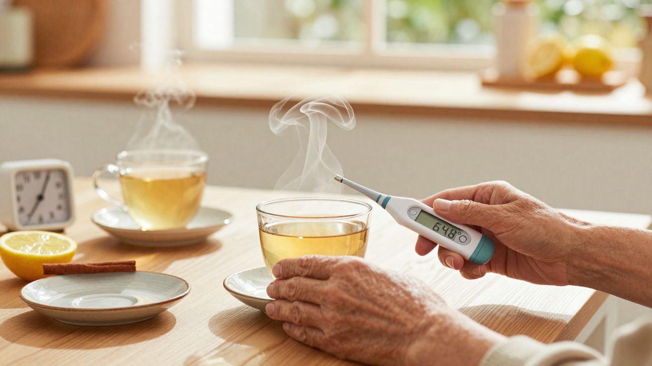 Mãos seguram termómetro digital junto a chá quente numa mesa com limão, canela e relógio despertador.