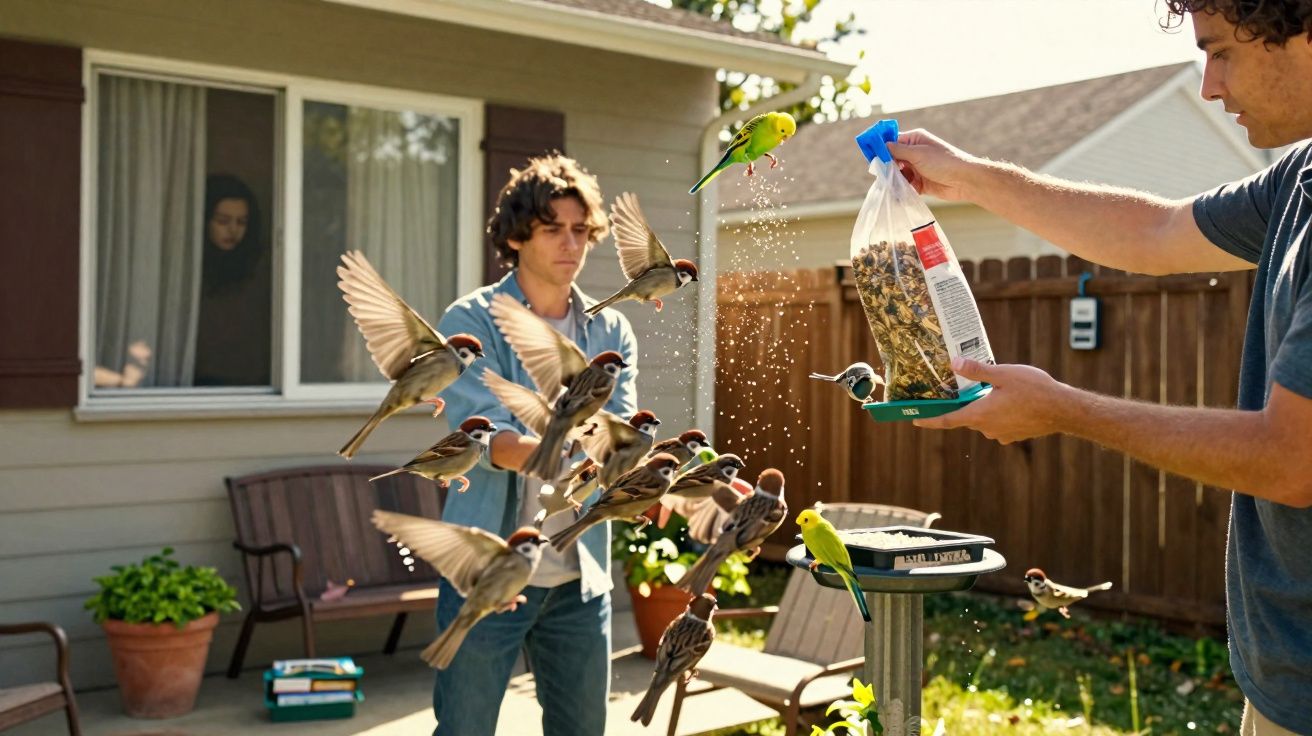 Homem a alimentar vários pássaros no jardim de uma casa durante o dia.