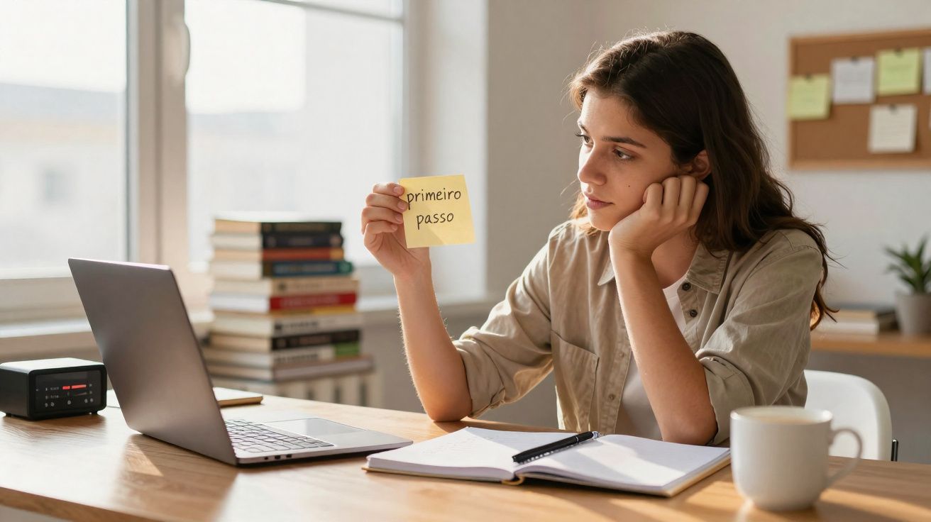 Jovem sentada à mesa com computador, segurando nota amarela com texto "primeiro passo" ao lado de caderno.