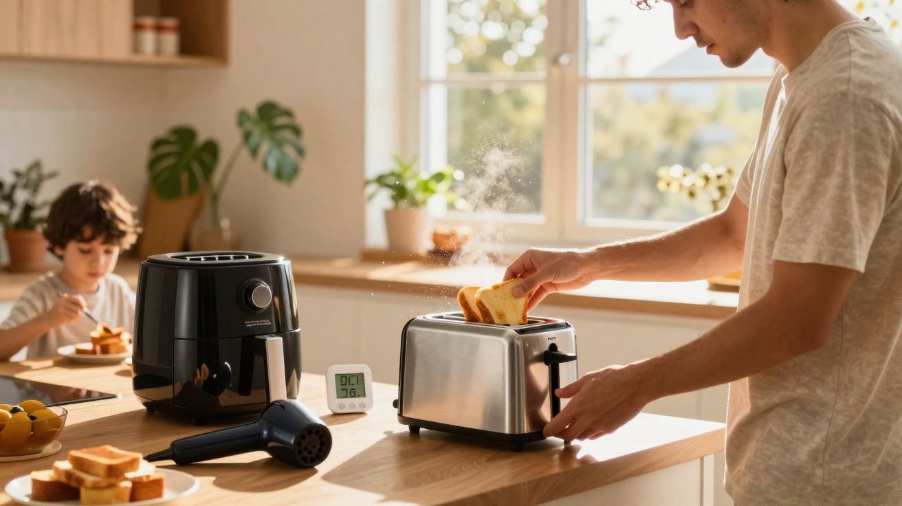 Homem a retirar torrada quente da torradeira numa cozinha luminosa com criança a comer ao fundo.