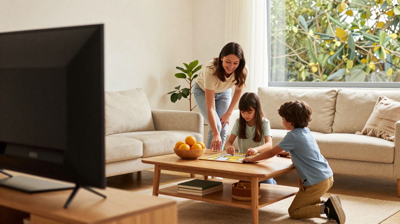 Mulher e duas crianças a jogar jogo de tabuleiro numa sala de estar com sofá e mesa de madeira.