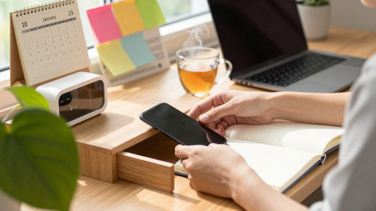 Pessoa a usar telemóvel numa secretária com agenda, computador portátil, chá e calendário visível.