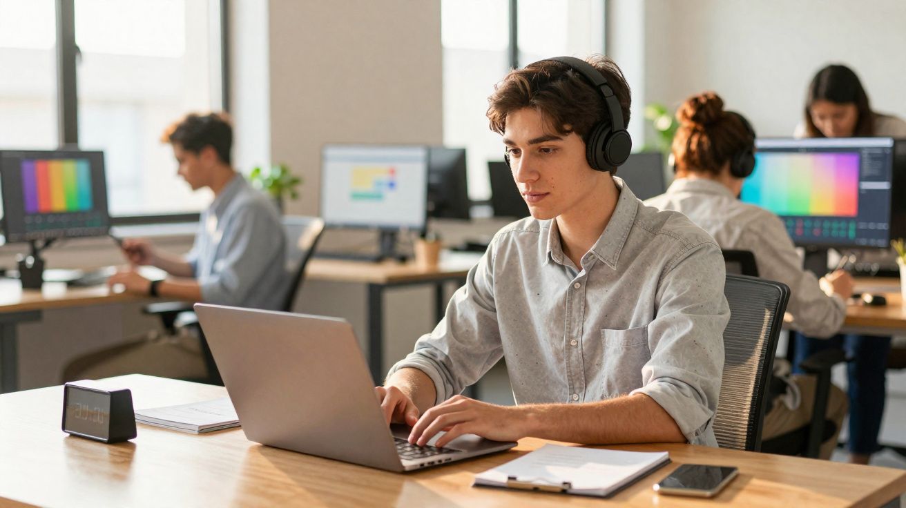 Jovem com auscultadores a trabalhar em laptop num escritório moderno, com colegas ao fundo usando computadores.