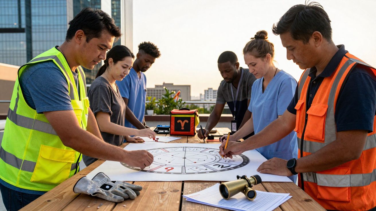 Equipa multidisciplinar a analisar desenho técnico numa mesa exterior num ambiente urbano.
