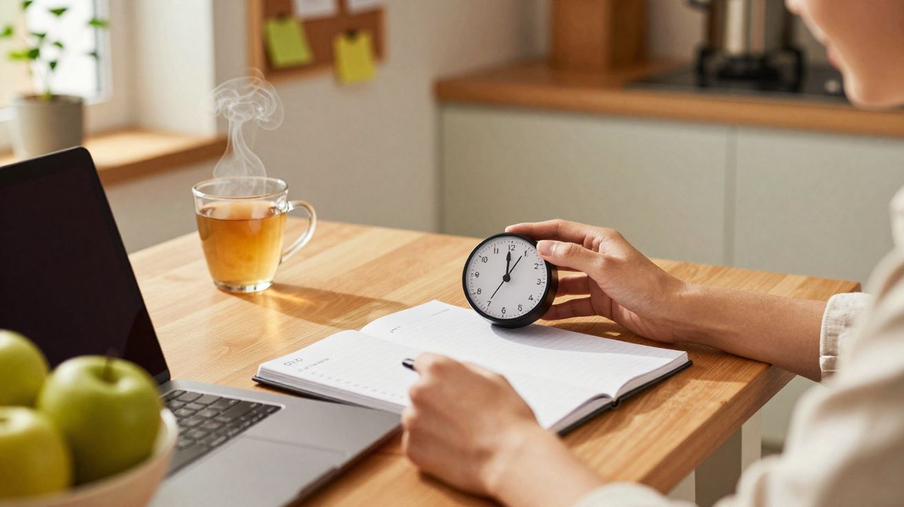 Pessoa a usar relógio de bolso enquanto escreve num caderno, com chá e computador numa mesa de madeira.