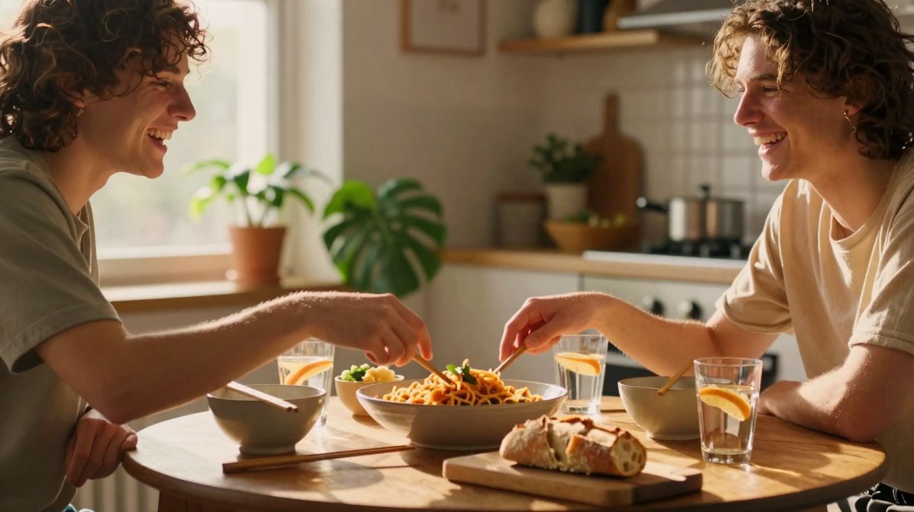 Duas pessoas sorridentes a partilhar uma refeição de massa numa cozinha luminosa com pão e copos de água com limão.
