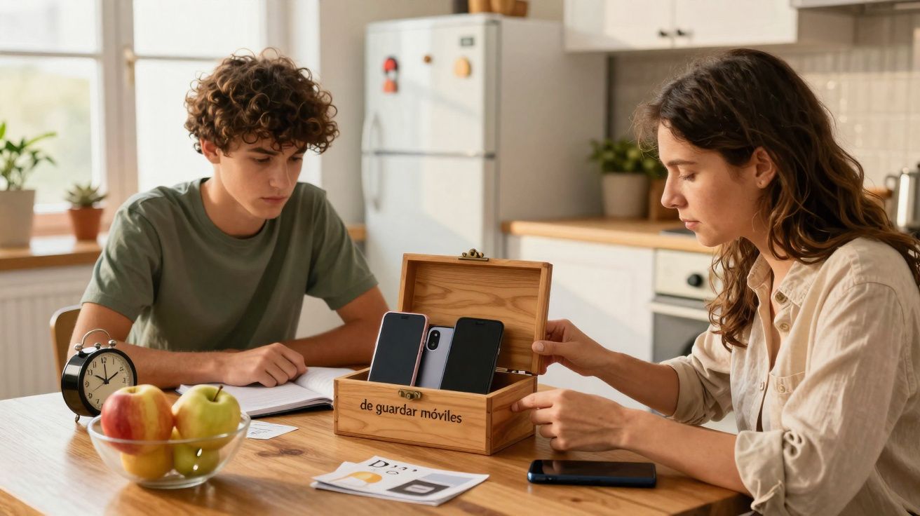 Duas pessoas numa cozinha guardam telemóveis numa caixa de madeira rotulada como "de guardar móveis".