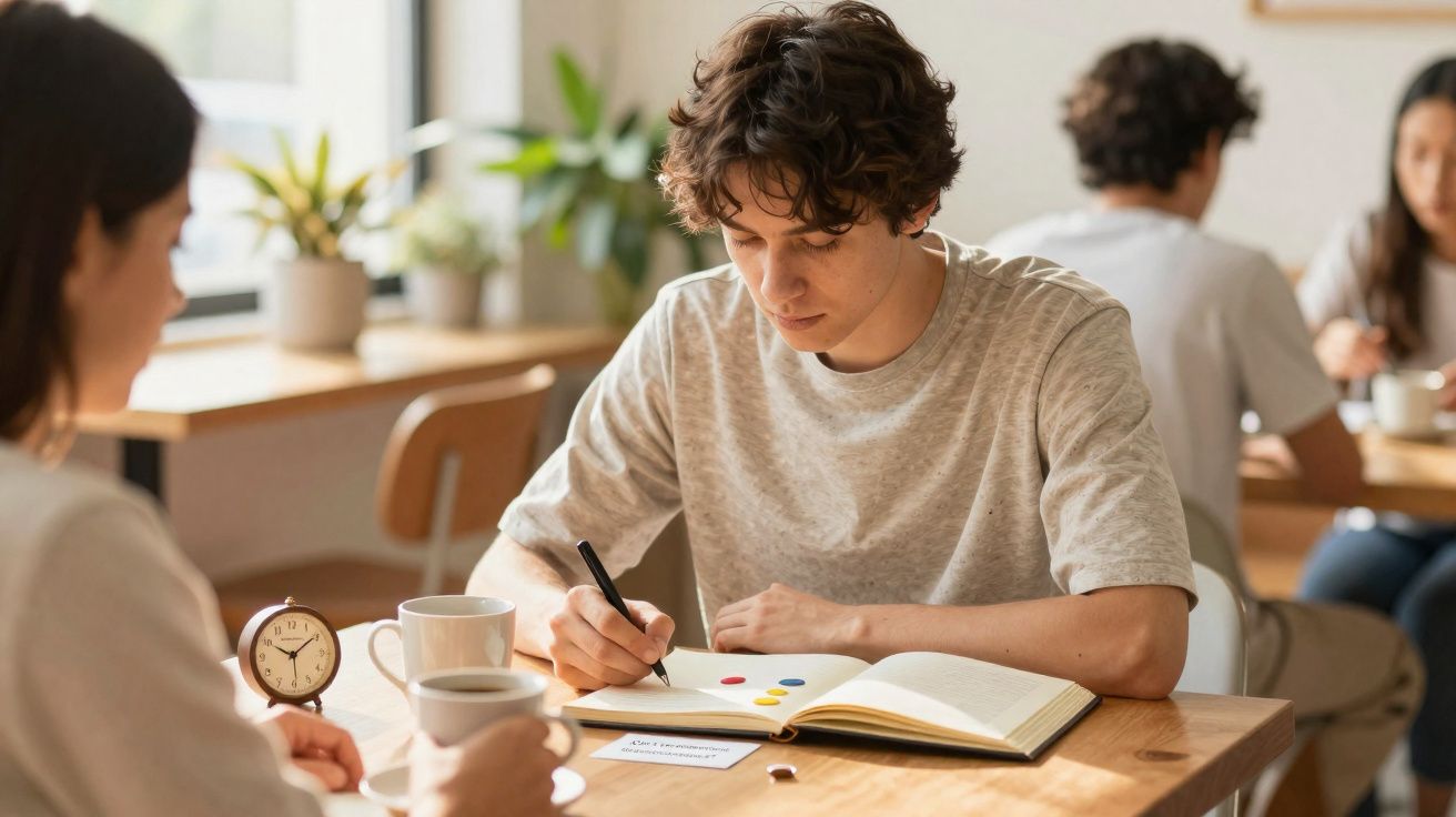 Jovem a estudar e escrever num caderno enquanto está sentado numa mesa com outra pessoa numa café.