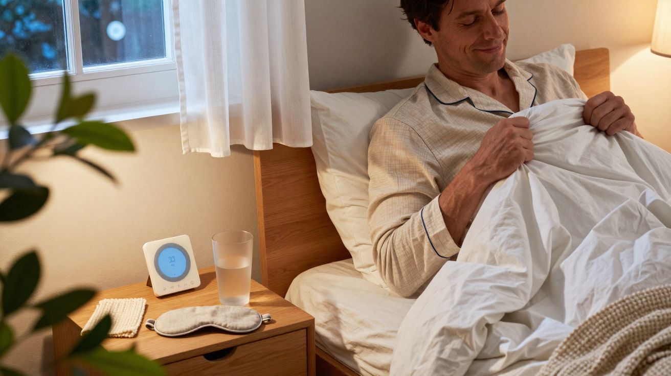 Homem a preparar-se para dormir numa cama com pijama e mesa de cabeceira com copo de água e máscara de dormir.