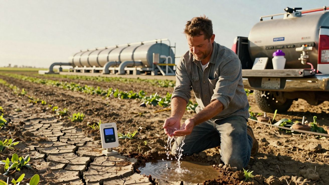 Agricultor verifica a umidade do solo seco numa plantação com equipamento digital e rega manualmente.