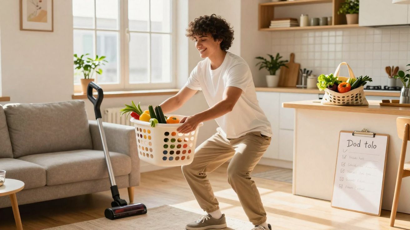 Pessoa a fazer exercício com cesto de legumes numa sala iluminada e cozinha ao fundo.