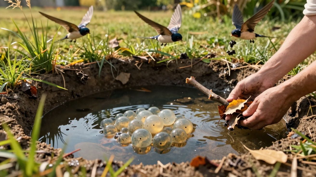 Mãos a colocar folhas numa pequena poça com esferas transparentes, enquanto andorinhas voam por cima.