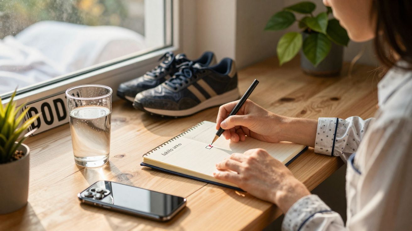 Pessoa a fazer lista de tarefas numa agenda, com ténis, copo de água, planta e telemóvel numa mesa junto à janela.