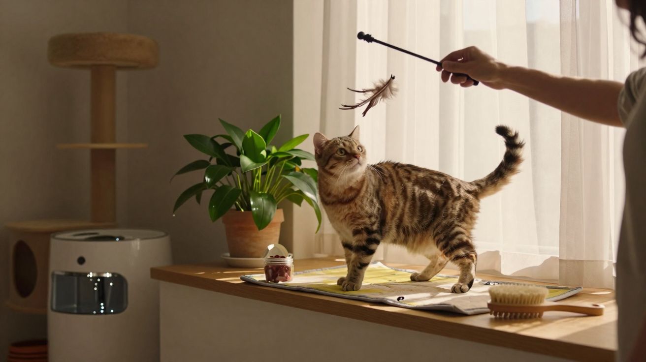 Gato tigrado em cima de bancada a brincar com uma pena suspensa por uma mão humana junto a uma planta.