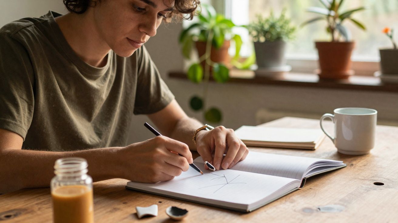 Pessoa a desenhar num caderno aberto numa mesa de madeira, com plantas e chávena ao fundo.