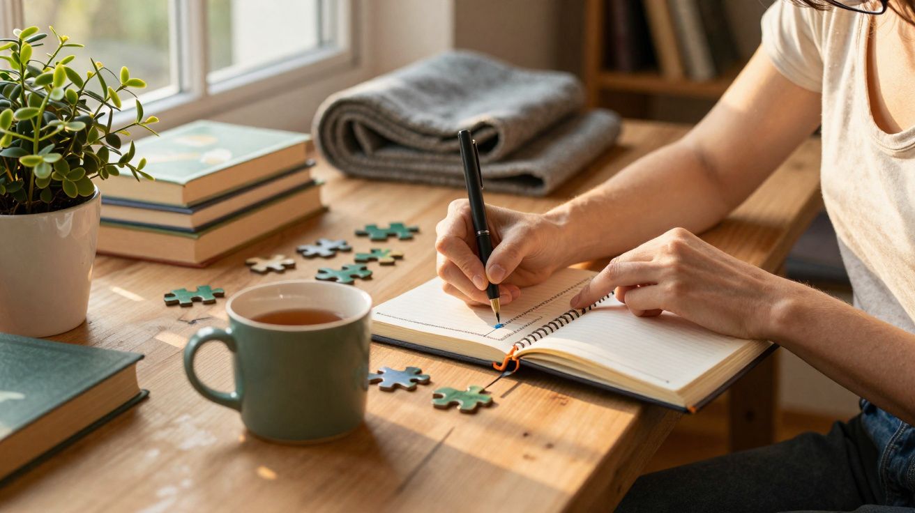 Pessoa a escrever num caderno num ambiente acolhedor com chá, peças de puzzle e livros na mesa de madeira.