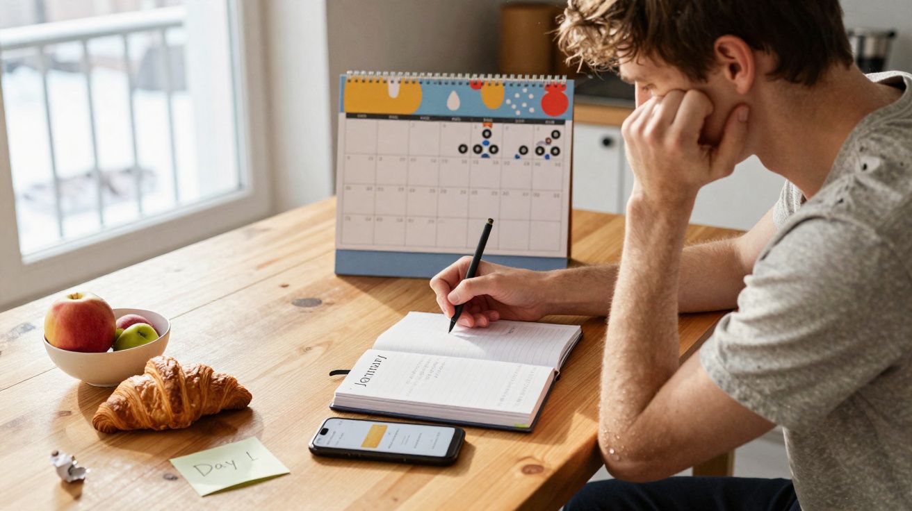 Homem sentado a escrever num diário com calendário e telemóvel à sua frente numa mesa de madeira.
