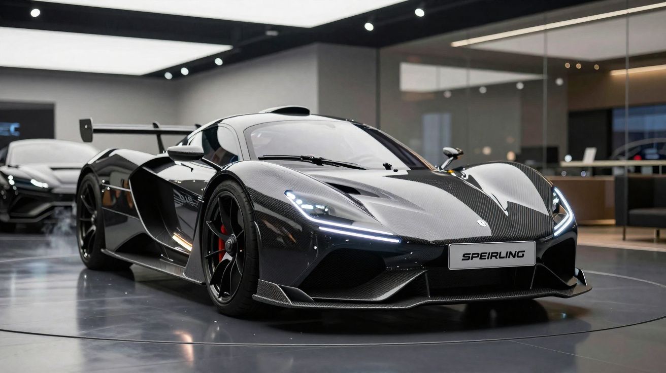 Carro desportivo preto com design aerodinâmico exibido num showroom moderno e iluminado.