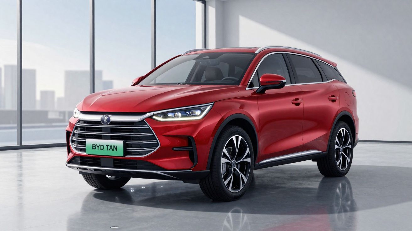 Veículo SUV vermelho BYD Tan estacionado num espaço moderno com janelas amplas.